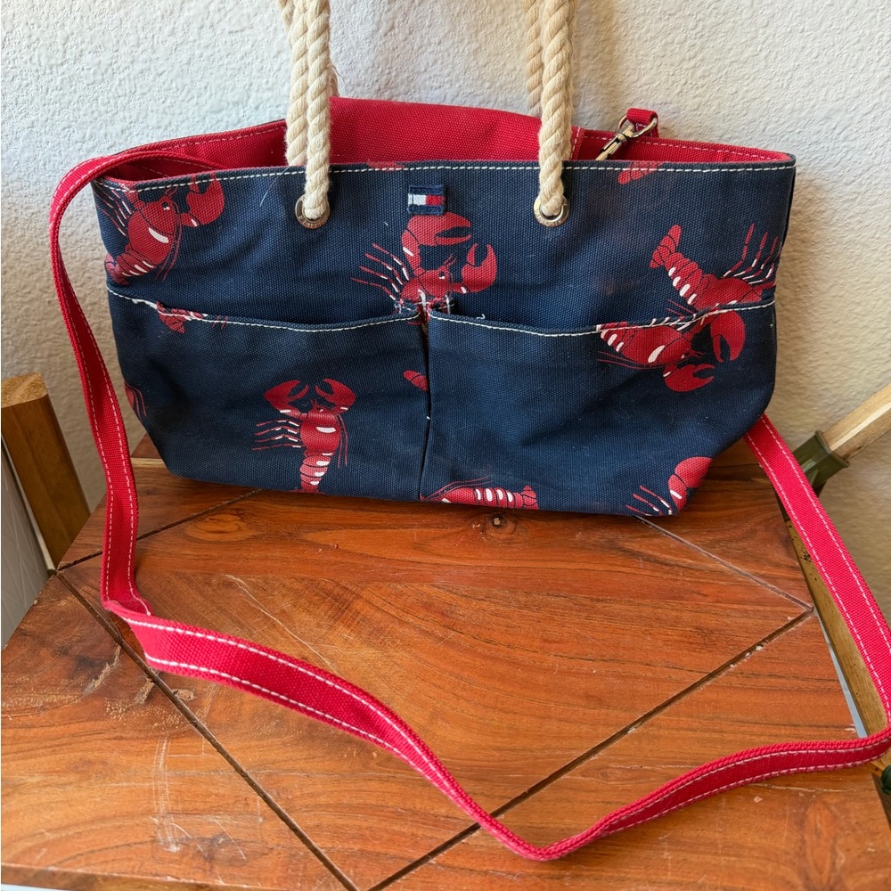 Tommy Hilfiger Navy Canvas Tote with Red Lobster Print